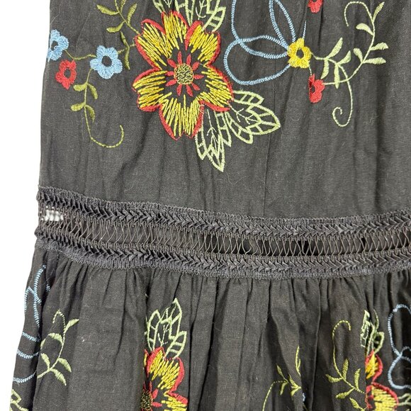 Women's Linen Tiered Midi Skirt 14 Black Floral Embroidery Sequin Festival Boho - Picture 4 of 9